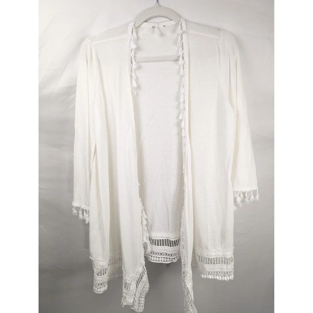 Boho Crochet Lace Tassel Fringe Open Cardigan Size S White Festival Beach Layer - Picture 2 of 9
